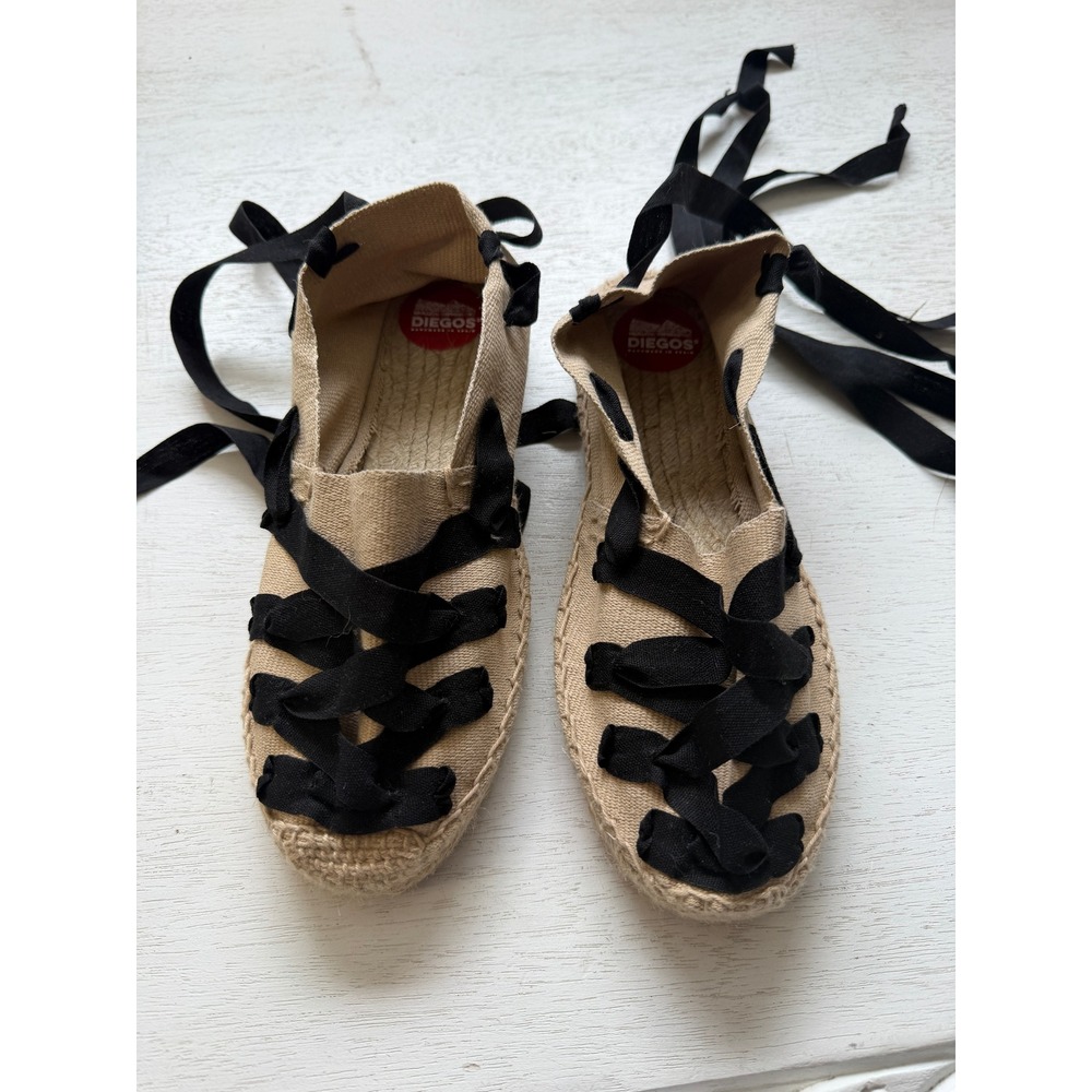 Diegos Handmade in‎ Spain Beige Canvas Jutes Lace Up Ribbon Espadrilles Flats 38